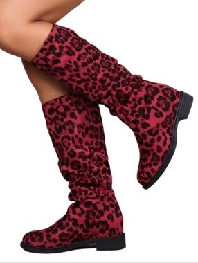 SHEIN Red and Black Leopard Print Pull On Boots